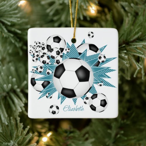 soccer balls teal white stars girls sports ceramic ornament
