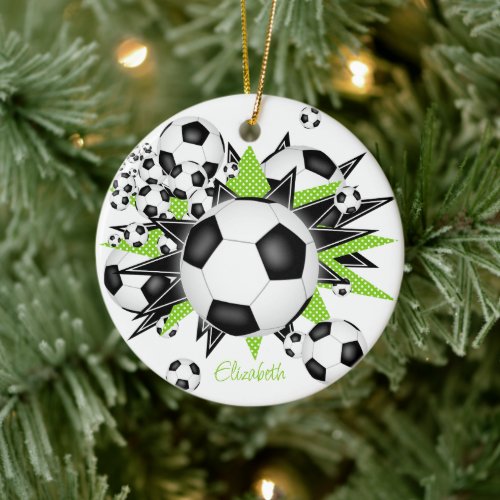 soccer balls w but green black stars girls keepsak ceramic ornament