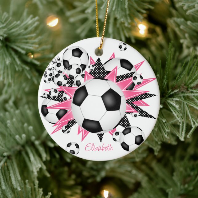 soccer balls w pink black stars girls keepsake ceramic ornament (Tree)