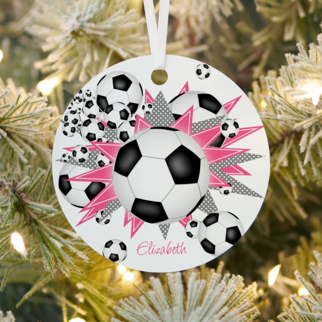 soccer balls w pink gray stars girls keepsake metal ornament (Insitu)
