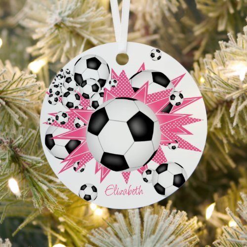 soccer balls w pink white stars girls keepsake metal ornament
