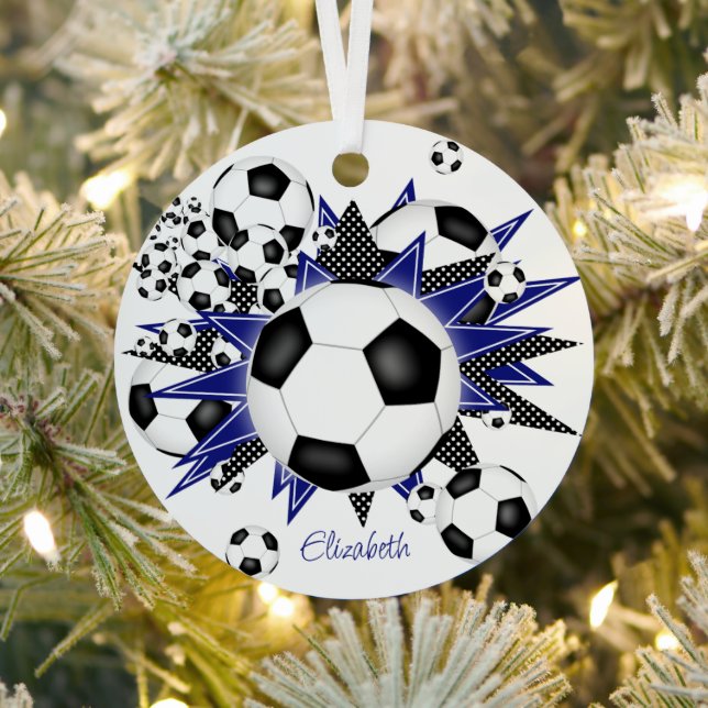 soccer balls with blue black stars girls sports metal ornament (Insitu)