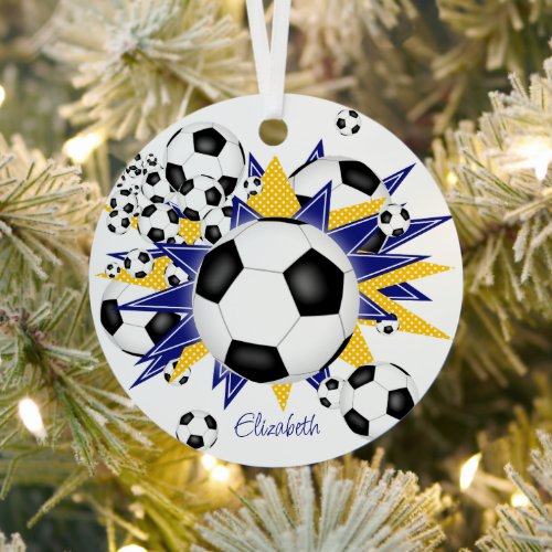 soccer balls with blue gold stars girls sports metal ornament