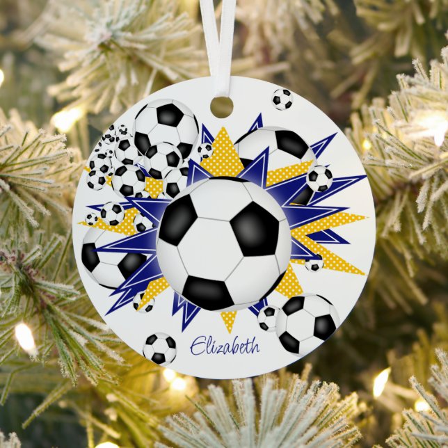 soccer balls with blue gold stars girls sports metal ornament (Insitu)