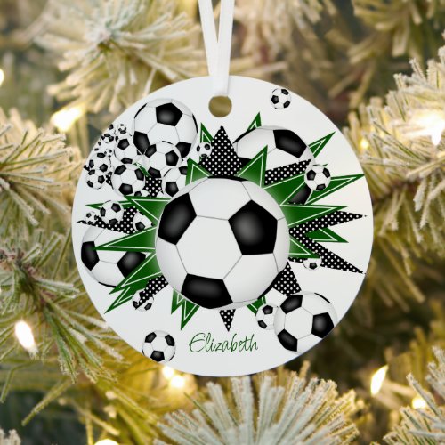 soccer balls with green black stars girls sports metal ornament