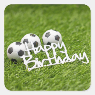 Soccer balls with Happy Birthday word on green Square Sticker