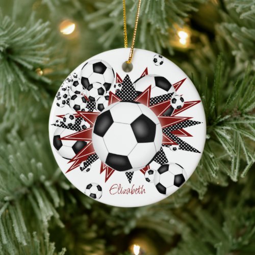 soccer balls with maroon black stars girls sports ceramic ornament