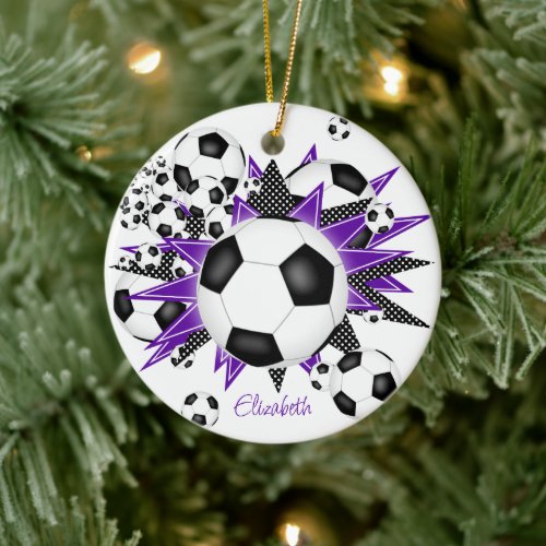 soccer balls with purple black stars girls sports ceramic ornament