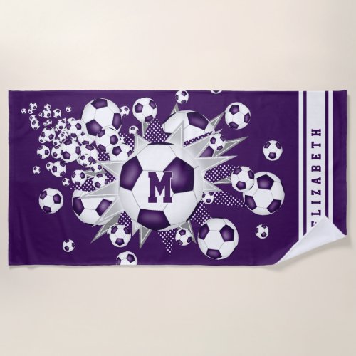 soccer balls with purple gray stars custom name beach towel