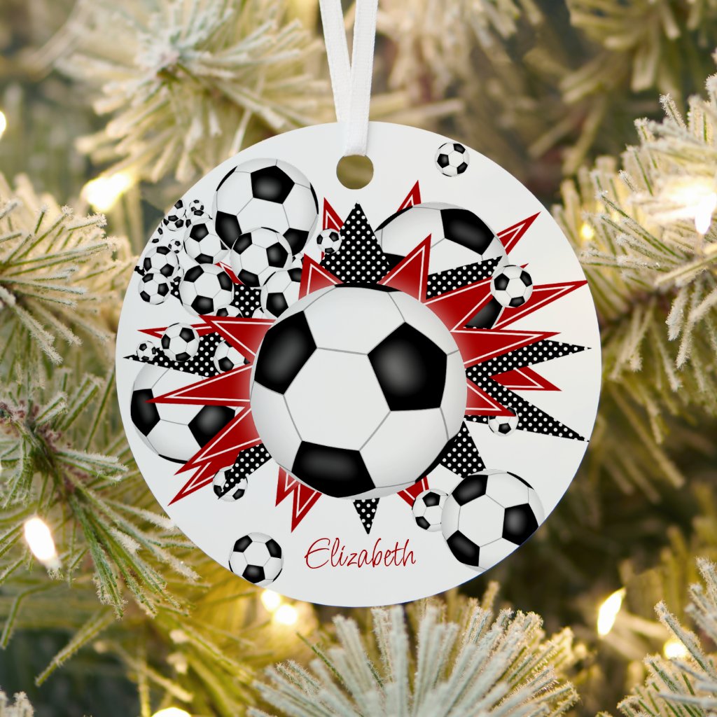 soccer balls with red black stars girls sports personalized ornament