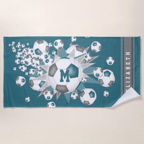 soccer balls with teal gray stars her name beach towel