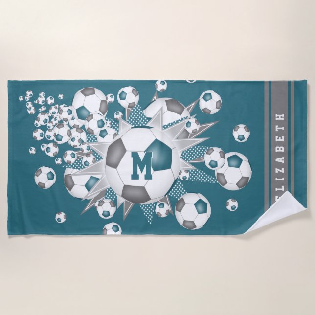soccer balls with teal gray stars her name beach towel (Front)