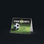 Soccer Bar Mitzvah Folded Thank You Card 3<br><div class="desc">This personalized soccer theme Bar Mitzvah thank you card (folded notecard) design features a nighttime soccer stadium with a green grassy soccer field with a black and white soccer ball sitting on the grass in the lower left corner. There is a pale green Star of David beneath the Bar Mitzvah's...</div>