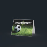 Soccer Bar Mitzvah Folded Thank You Card 3<br><div class="desc">This personalized soccer theme Bar Mitzvah thank you card (folded notecard) design features a nighttime soccer stadium with a green grassy soccer field with a black and white soccer ball sitting on the grass in the lower left corner. There is a pale green Star of David beneath the Bar Mitzvah's...</div>