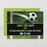 Soccer Bar Mitzvah Save the Date Card<br><div class="desc">This soccer-themed Bar Mitzvah save the date postcard coordinates with the Soccer Stadium at Night Bar Mitzvah invitation and has a black, green, and white color scheme. The front side has a background image of a green grass soccer field showing the white painted lines of the corner. There is a...</div>