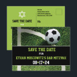 Soccer Bar Mitzvah Save the Date Card<br><div class="desc">This soccer-themed Bar Mitzvah save the date postcard coordinates with the Soccer Stadium at Night Bar Mitzvah invitation and has a black, green, and white color scheme. The front side has a background image of a green grass soccer field showing the white painted lines of the corner. There is a...</div>