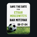 Soccer Bar Mitzvah Save the Date Magnet<br><div class="desc">This soccer-themed Bar Mitzvah save the date magnet coordinates with the Soccer Stadium at Night Bar Mitzvah invitation and has a black, green, and white color scheme. It has a bottom border of a green grass soccer field with a black and white soccer ball on the lower left-hand corner. The...</div>