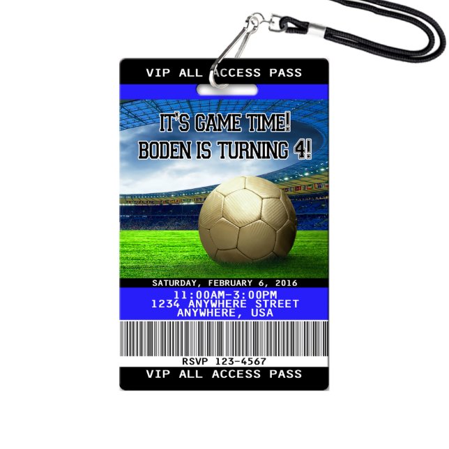 Soccer Birthday Invitations - Plastic VIP Pass (Front)