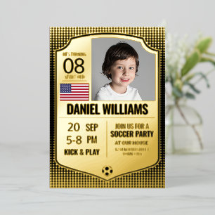 Soccer Birthday Invite, Football Shield Gold Foil Invitation