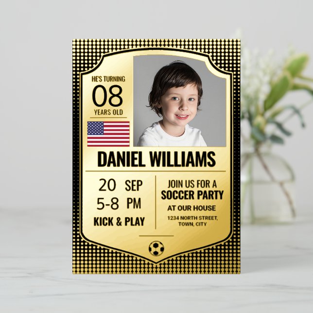 Soccer Birthday Invite, Football Shield Gold Foil Invitation (Standing Front)
