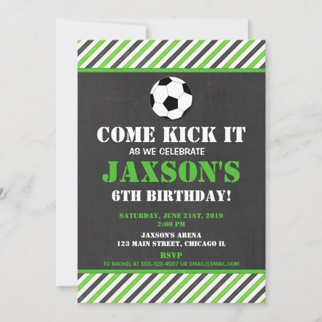 Soccer birthday party invitation green black boy (Front)