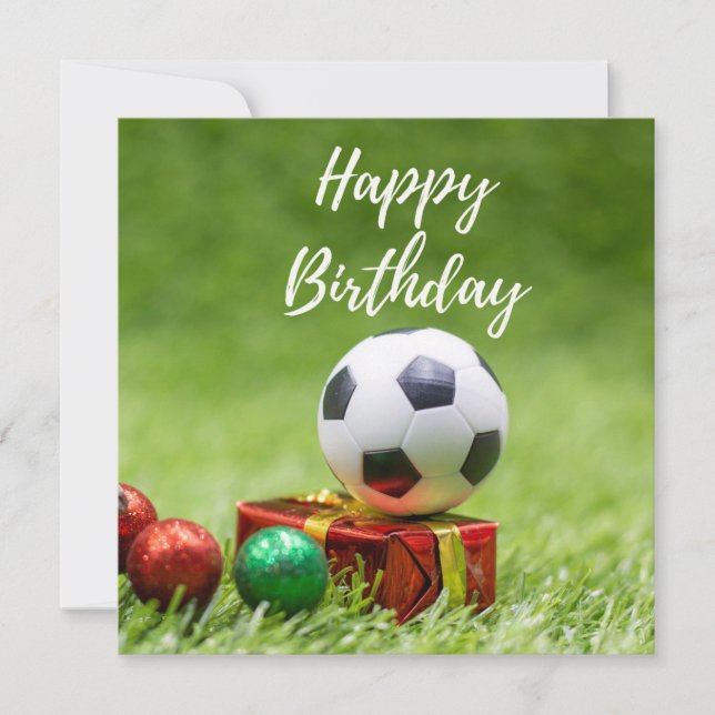 Soccer Birthday with golden box gift on green  Holiday Card (Front)