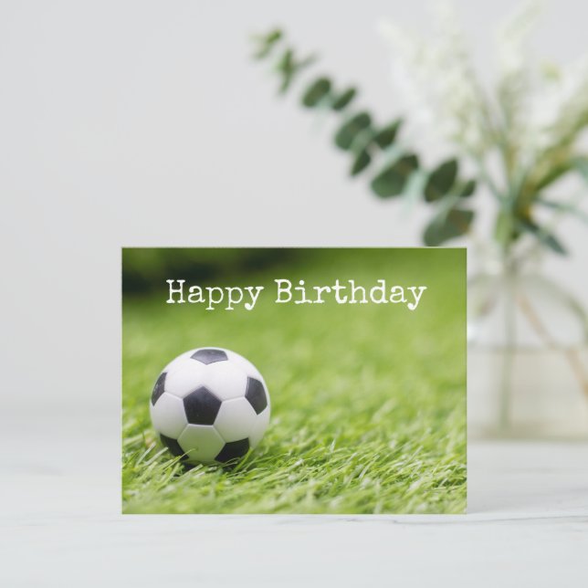 Soccer Birthday with soccer ball on green grass Card (Standing Front)