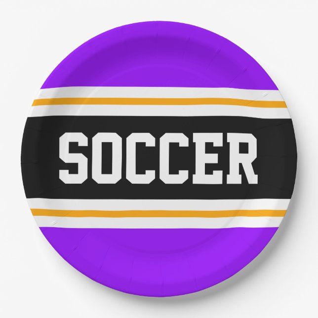SOCCER Black Bright Purple Orange Racing Stripes Paper Plates (Front)