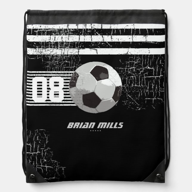 Soccer black custom number & name drawstring bag (Front)