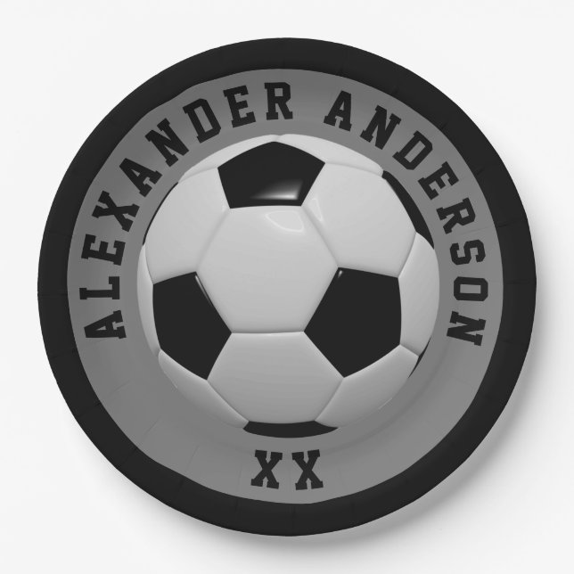 Soccer Black Name and Jersey Personalize Paper Plates (Front)