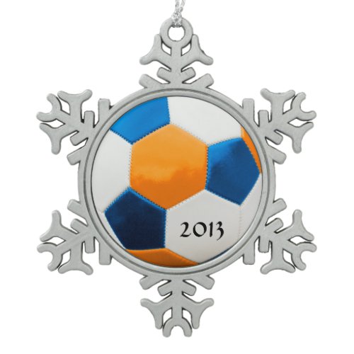 Soccer Blue and Orange Snowflake Pewter Christmas Ornament