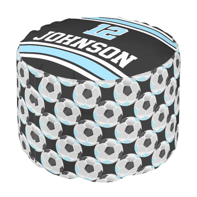 Soccer Blue, Black and White Sport Pattern Pouf (Angled Back)
