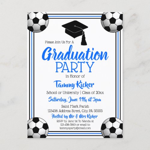 Soccer Blue  Black Graduation Party Invitation Postcard