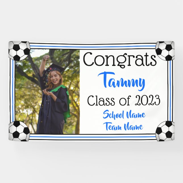 Soccer Blue & Black One Photo Graduation Banner (Horizontal)