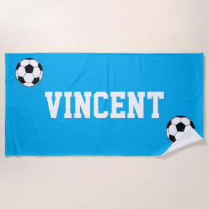 Soccer Blue Kids Custom Name Beach Towel