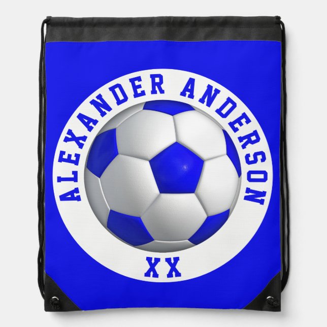 Soccer Blue Name and Jersey Personalize  Drawstring Bag (Front)