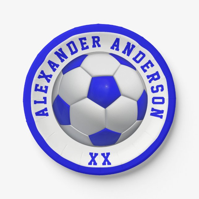 Soccer Blue Name and Jersey Personalize Paper Plates (Front)