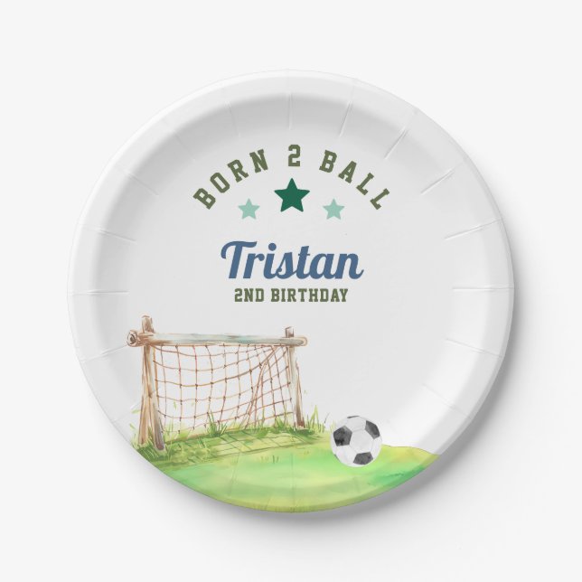 Soccer “Born Two Ball” Second Birthday Paper Plates (Front)
