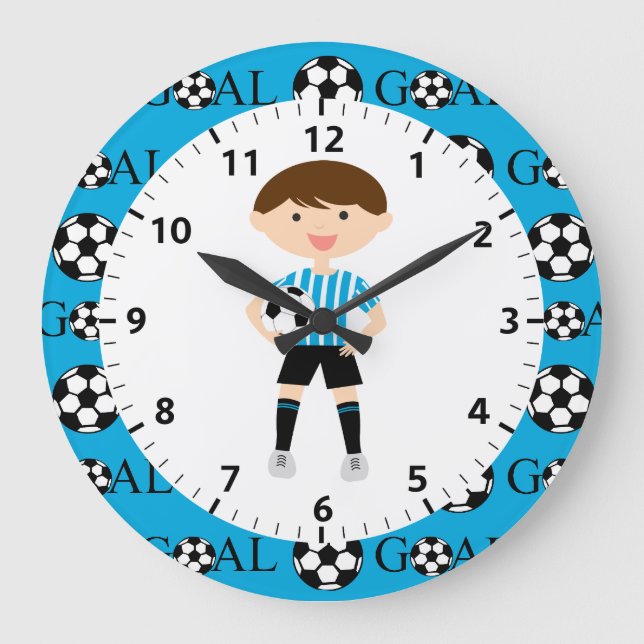 Soccer Boy 1 Light Blue and White Stripes Goal Large Clock (Front)