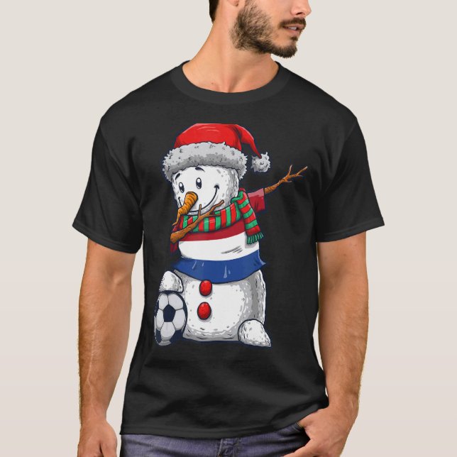 Soccer Boy Dabbing Snowman Christmas Netherlands F T-Shirt (Front)