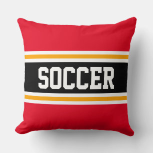 SOCCER Bright Red Orange Black Athletic Stripes Throw Pillow
