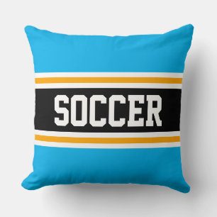 SOCCER Bright Sky Blue Black Orange Racing Stripes Throw Pillow