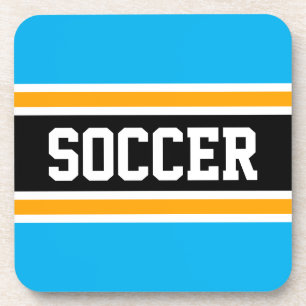 SOCCER Bright Sky Blue Orange Black Racing Stripes Beverage Coaster