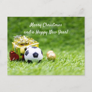 Soccer Christmas Card with ball and gift boxes