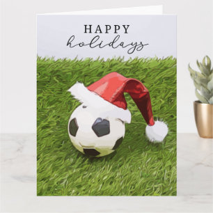 Soccer Christmas football Santa Hat Happy Holidays Card