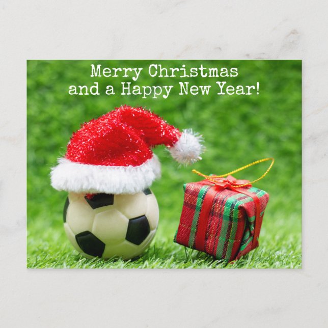 Soccer Christmas Holiday with Santa hat and gifts  Postcard (Front)