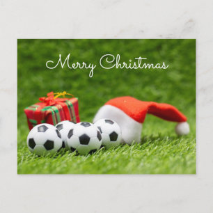 Soccer Christmas Holiday with Santa hat on green  Postcard