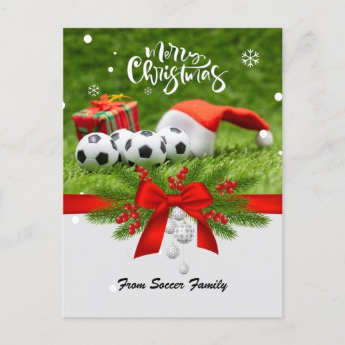 Soccer Christmas Holiday with Santa hat red ribbon Postcard