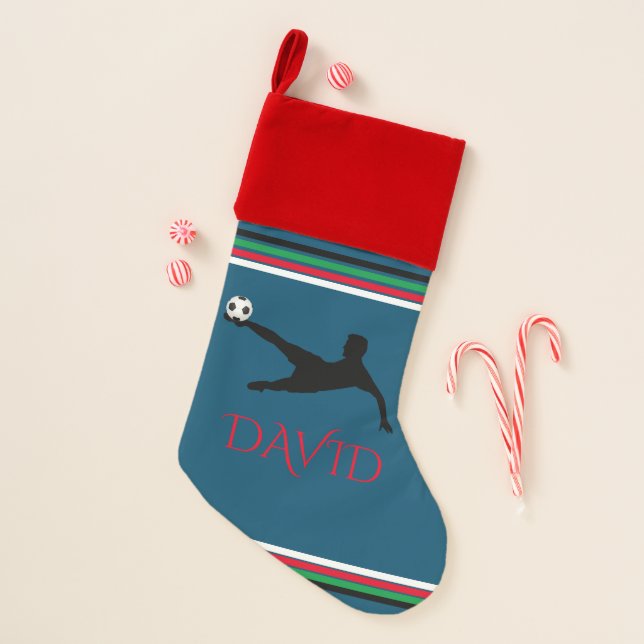 Soccer christmas stocking with custom name. (Front)