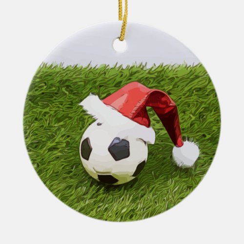 Soccer Christmas with football and Santa Hat Ceramic Ornament